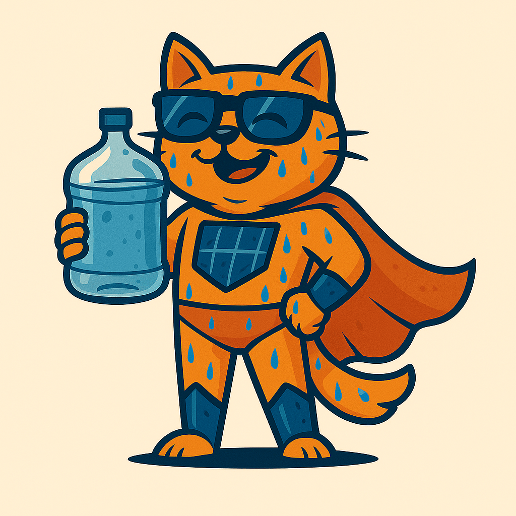 SolarCat holding a jug of water, wet but relieved
