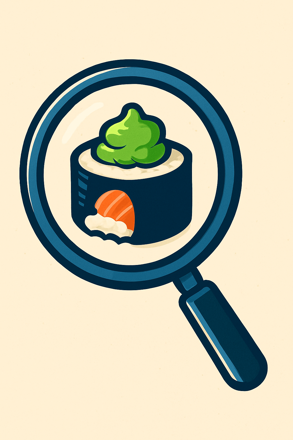 Magnifying glass shows wasabi on sushi
